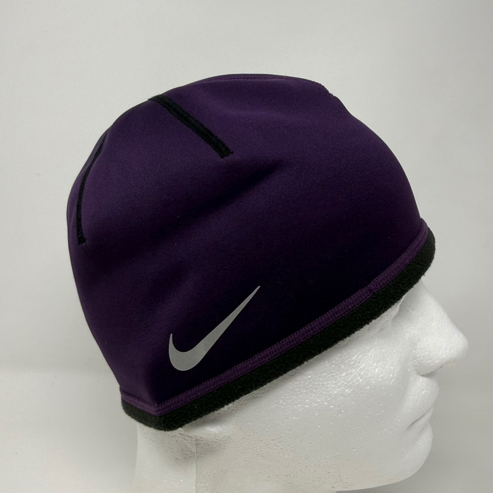 Nike Therma-FIT Beanie Purple Black Fleece Lined Skull Cap Reflective Swoosh